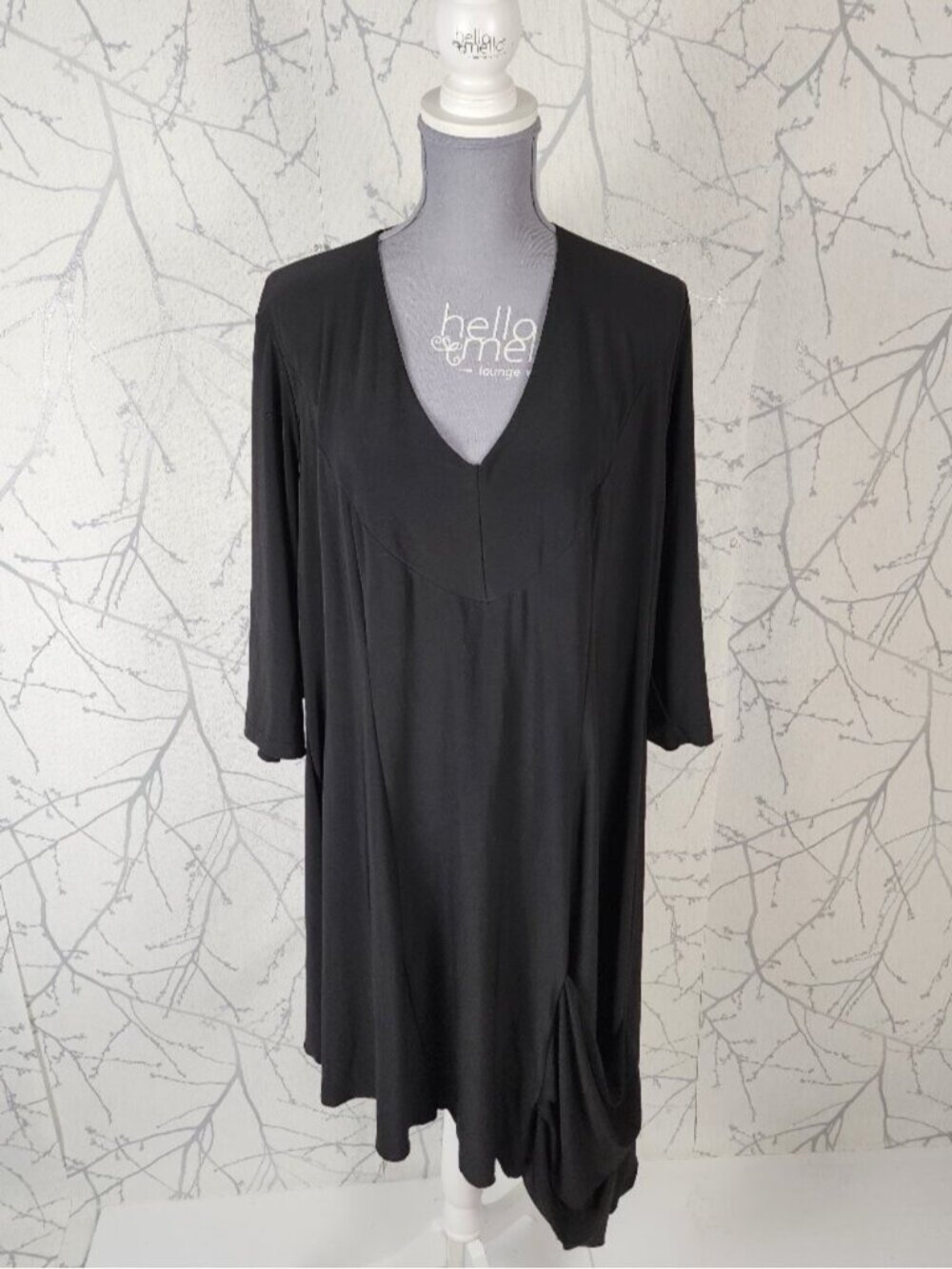 Sympli Black Slinky Jersey Knit Asymmetrical V-Neck Drape Pocket Dress